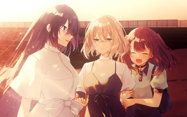 Anime HD PC desktop wallpaper: This Monster Wants to Eat Me — Hinako Yaotose, Shiori Oumi, and Miko Yashiro arm-in-arm at sunset, warm smiles.