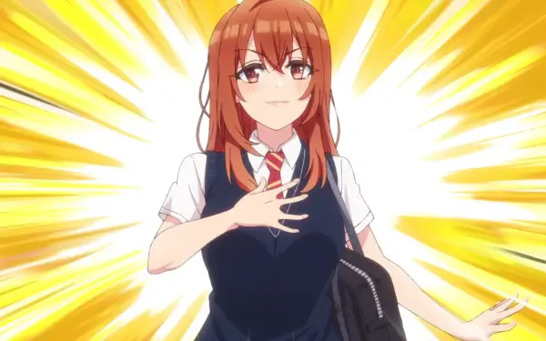 Iroha Kohinata from My Friend's Little Sister Has It In for Me!, anime HD PC wallpaper: red-haired schoolgirl in vest and tie, hand on chest against a radiant yellow burst background.