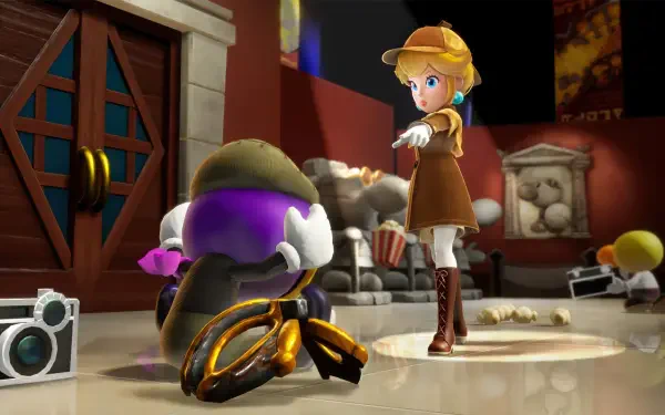 Princess Peach Showtime! HD PC desktop wallpaper: Princess Peach in a brown detective outfit points to a small purple-capped character amid toys and popcorn in a cozy living-room scene.