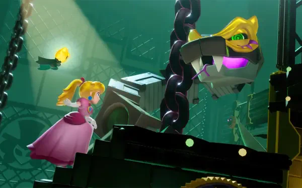 Princess Peach Showtime! HD PC desktop wallpaper and background — Princess Peach in a pink gown stands on a dramatic mechanized stage, spotlighted as a masked mechanical foe hangs from chains and gears.