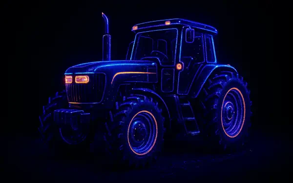 Neon-outlined tractor in blue and purple on a black background, 4K Ultra HD PC desktop wallpaper/background.