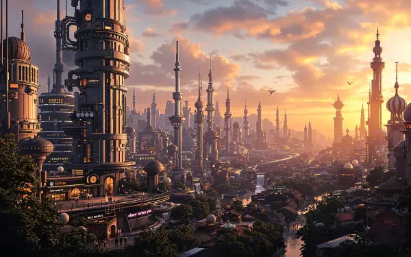 Sunlit futuristic cityscape of towering spires, skybridges and greenery along winding canals — 4K Ultra HD PC desktop wallpaper and background.