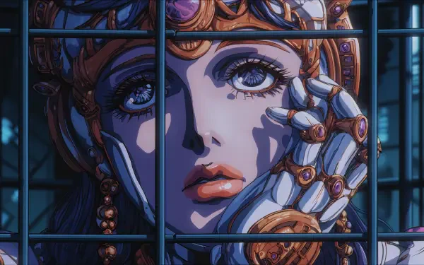 Sci-fi cyborg close-up: ornate female android with jeweled mechanical hand touching her face behind a metal grid, neon-lit — 4K Ultra HD PC desktop wallpaper