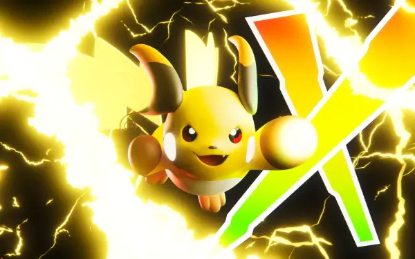 HD PC desktop wallpaper of an electric Pokémon bursting through yellow lightning beside a colorful X logo — promotional art for the video game Pokémon Legends: Z-A - Mega Dimension.