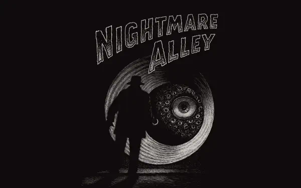 Nightmare Alley movie HD PC desktop wallpaper: silhouetted man faces a large hypnotic eye and spiral beneath the arched title on a stark black background.