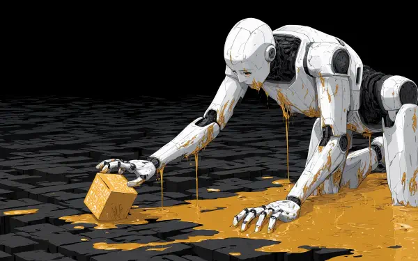 Sci‑fi 4K Ultra HD PC desktop wallpaper: a white humanoid robot failing and struggling on hands and knees, golden fluid spilling as it reaches for a small cube.