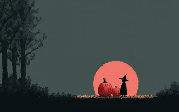 Minimal Halloween 4K Ultra HD PC desktop wallpaper and background: silhouetted witch and two pumpkins by bare trees against a large orange moon on a muted gray-green backdrop.