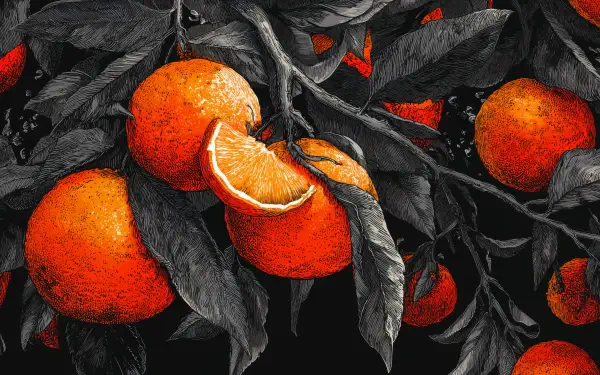 4K Ultra HD PC desktop wallpaper, black-and-orange nature scene of ripe oranges on dark textured leaves, one sliced open to reveal bright, juicy flesh.