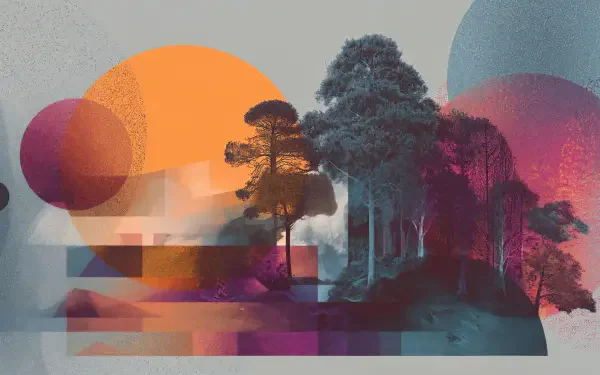 October aesthetic 4K Ultra HD PC desktop wallpaper: abstract autumn landscape with silhouetted trees, layered translucent suns and colorful circles in warm oranges, pinks and cool blues.