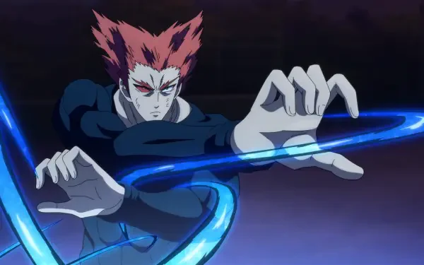 HD PC desktop wallpaper/background of Garou from One-Punch Man: anime scene of him in a dynamic pose with swirling blue energy.