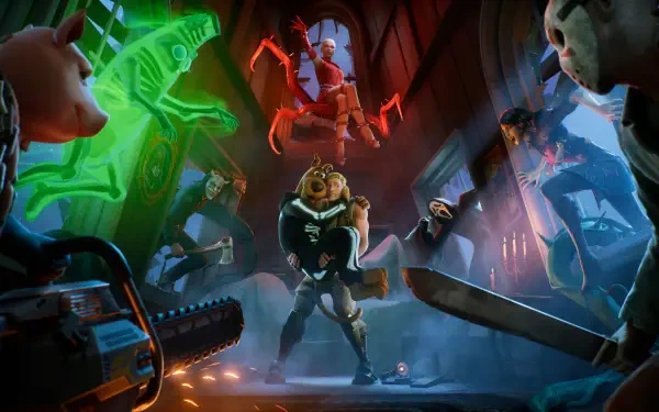 Fortnite Battle Royale 4K Ultra HD PC desktop wallpaper and background: masked fighters and a neon spider-creature clash in a dark cinematic corridor, weapons drawn and dramatic lighting.