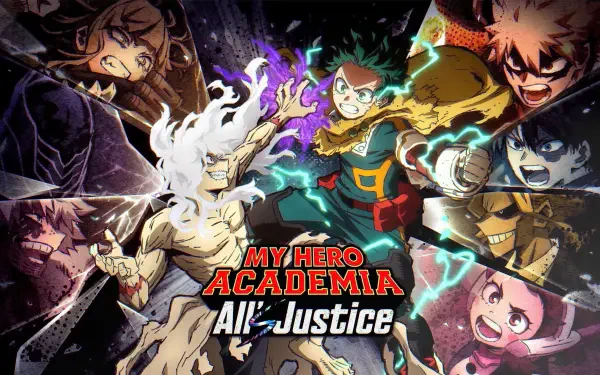 My Hero Academia 4K Ultra HD PC desktop wallpaper/background: Deku center with crackling green energy, flanked by allies and villains beneath the All Justice logo.