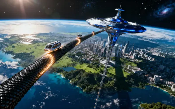 Sci-fi 4K Ultra HD PC desktop wallpaper depicting a towering space elevator linking a futuristic coastal city to an orbital station above Earth, sunlight glinting off the cable.