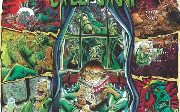 Creepshow movie HD PC desktop wallpaper/background: comic-horror collage of a boy reading a Creepshow comic as ghoulish figures and twisted panels loom.