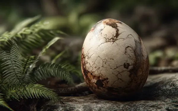 Cracked dinosaur egg on a mossy rock amid ferns in a misty forest — 4K Ultra HD PC desktop wallpaper and background.
