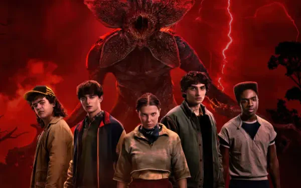 Stranger Things 5K Ultra HD PC desktop wallpaper/background: five teen protagonists stand defiant beneath a towering Demogorgon and a blood-red, lightning-streaked sky.