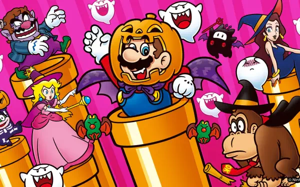 HD PC Super Mario wallpaper: Mario in a pumpkin helmet springs from pipes alongside Princess Peach, Pauline, Donkey Kong, Wario and playful Boos on a bright pink background.