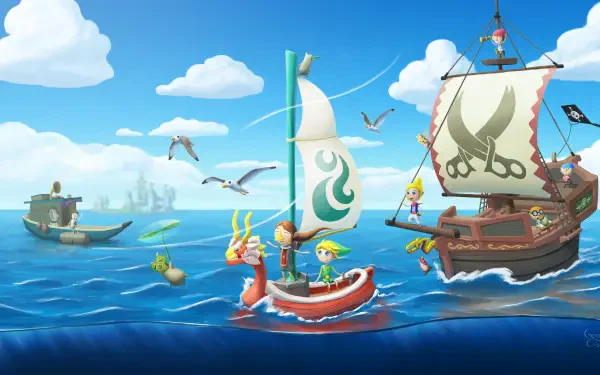 The Legend of Zelda 4K Ultra HD PC desktop wallpaper and background: Wind Waker–style bright ocean scene with Link on a sailboat, seagulls and a pirate ship.