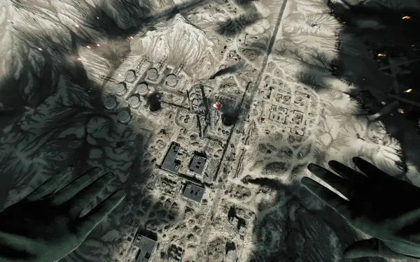 POV aerial view over a war-torn desert map from Battlefield 6, gloved hands framing the scene — 2K Quad HD PC desktop wallpaper and background.