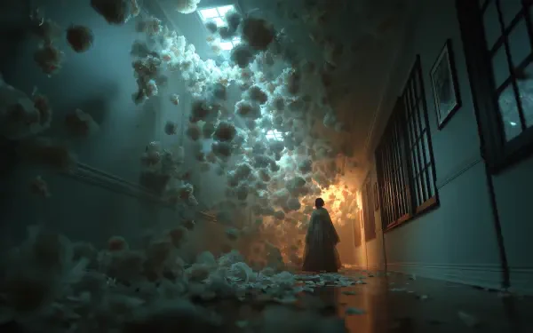 2K Quad HD PC desktop wallpaper and background: dim corridor filled with drifting white flower-like blooms, a lone silhouetted figure illuminated by warm light at the far end.