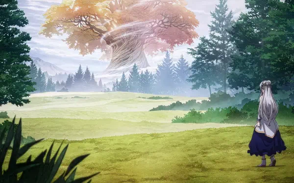4K Ultra HD PC wallpaper — anime landscape from My Status as an Assassin Obviously Exceeds the Hero’s: lone silver-haired figure on a sunlit plain facing a colossal glowing tree.