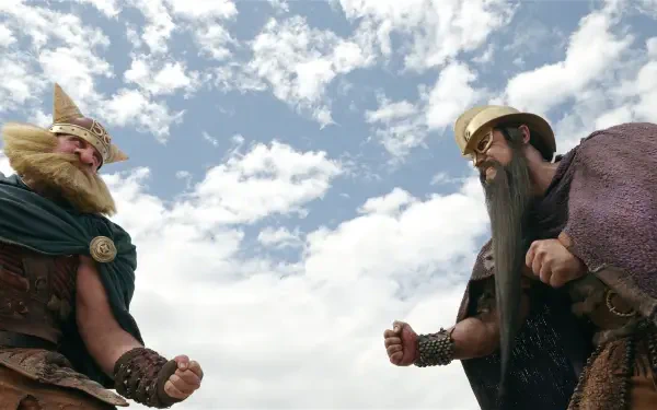 TV show One Piece (Live Action) 2K Quad HD PC wallpaper: giants Dorry and Brogy face off under a bright, cloud-dotted sky.