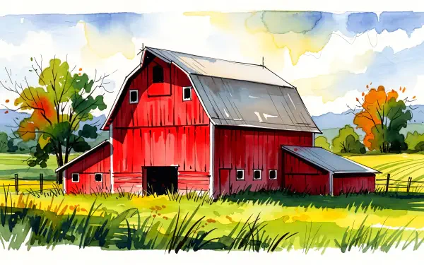 4K Ultra HD PC desktop wallpaper: watercolor red barn in a sunlit green field with trees and a blue sky.