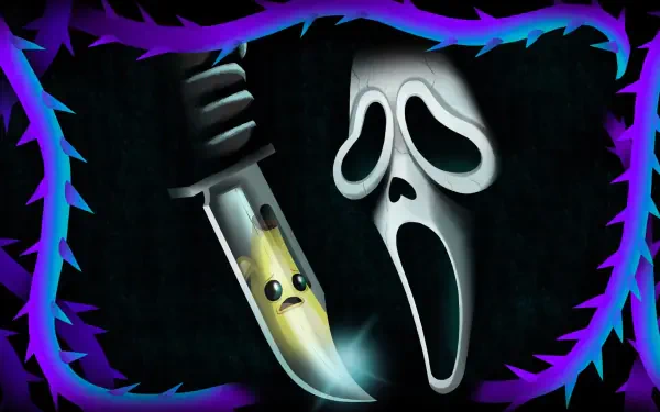 HD PC desktop wallpaper: video game Fortnite Ghostface (Scream) mask screaming beside a smiling, blood-stained knife on a black background framed by jagged purple-blue thorns.