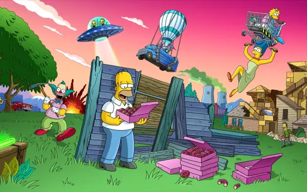 HD PC desktop wallpaper/background of The Simpsons in a Fortnite video game crossover: Homer building wooden cover while gliders and the Battle Bus hover under a pink sunset.