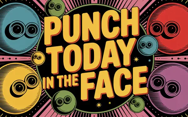 Bold retro pop-art 4K Ultra HD PC desktop wallpaper: giant yellow text PUNCH TODAY IN THE FACE on a black disc surrounded by colorful eyeball planets.
