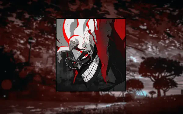 4K Ultra HD PC desktop wallpaper — Dandadan anime edit: red-tinted close-up of a grinning skulllike masked figure with glasses and blood streaks against a dark, blurred forest background.