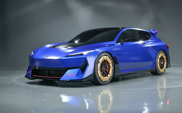 Blue Subaru Performance-E STI concept vehicle on a glossy, reflective floor — 4K Ultra HD PC desktop wallpaper background.