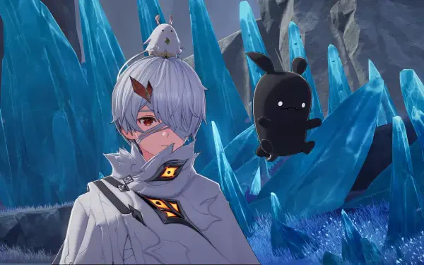 Video game HD PC desktop wallpaper for Duet Night Abyss: silver-haired, eyepatch character with a small bird on their head and a floating black bunny amid glowing blue crystal caverns.