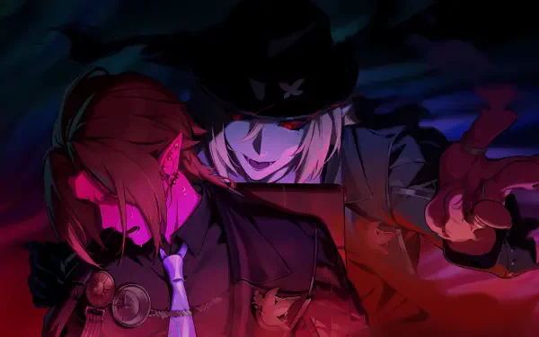 4K Ultra HD PC wallpaper of video game Zenless Zone Zero: Hugo Vlad looming behind a red-lit companion under moody neon shadows.