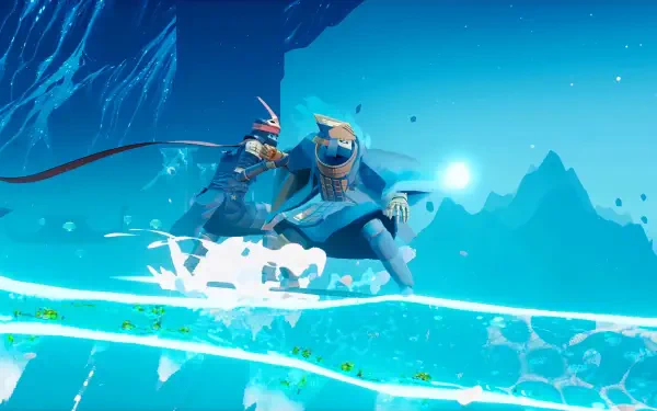 Sword of the Sea video game 2K Quad HD PC desktop wallpaper: two armored sailors duel on a glowing sea-sword above icy blue waters and distant peaks.