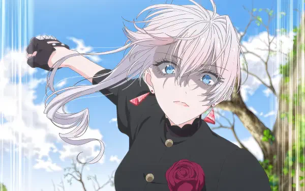 4K Ultra HD PC wallpaper of Scarlett El Vandimion from May I Ask for One Final Thing? — white-haired, blue-eyed anime character in a black uniform with a red rose, reaching toward the viewer.