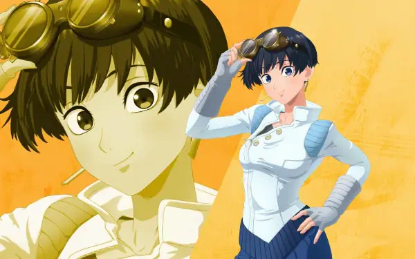 Anime 4K Ultra HD PC wallpaper of Trigun Stargaze's Meryl Stryfe in a white uniform with goggles, posing against an orange textured background.