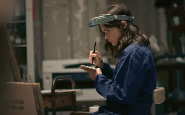 5K UHD PC desktop wallpaper of a woman in a dim workshop jotting notes, a moody scene from the TV show Down Cemetery Road.