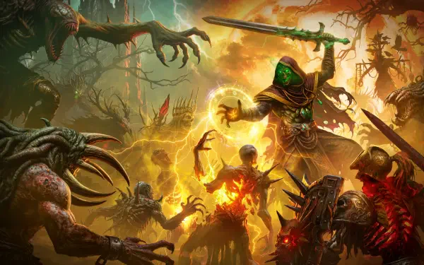 4K Ultra HD video game wallpaper: Hellreaper mage conjures green fire amid skeleton warriors in a fiery fantasy battle for a PC desktop background.