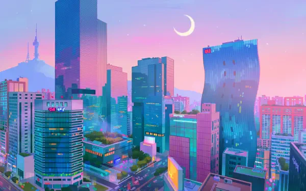 2K Quad HD PC desktop wallpaper/background: pastel South Korea skyline at dusk with skyscrapers and crescent moon, cinematic scene inspired by the KPop Demon Hunters movie.