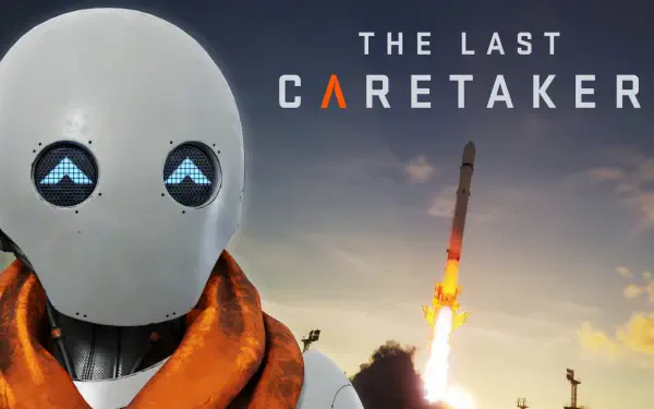 2K Quad HD PC desktop wallpaper background for video game The Last Caretaker depicting a white humanoid robot in an orange cloak with glowing eyes watching a rocket launch at dusk.