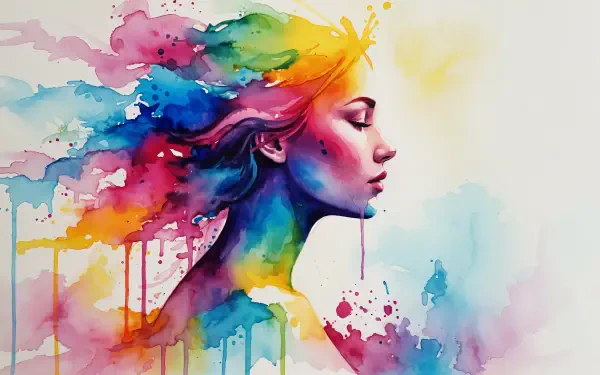 Vibrant watercolor profile of a woman with rainbow paint splashes — 4K Ultra HD PC Desktop Wallpaper and Background.