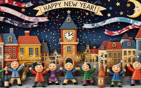 4K Ultra HD PC desktop wallpaper: New Year's Eve mood—cheerful toy townspeople amid confetti and fireworks, clocktower at midnight and a waving Happy New Year! banner.