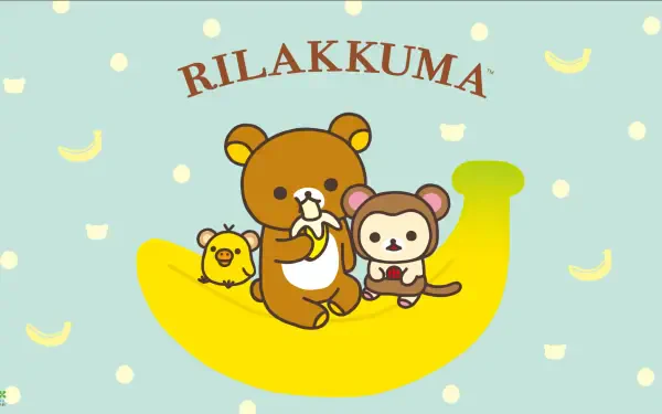 San-X Rilakkuma HD PC desktop wallpaper: Rilakkuma with Kiiroitori and Korilakkuma sitting on a large banana against a pale polka-dot background.