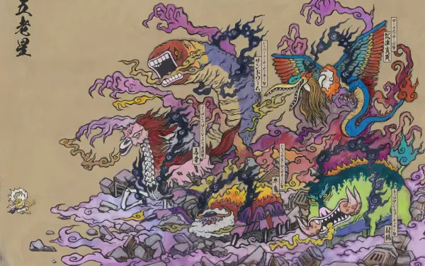 Anime One Piece 2K Quad HD PC desktop wallpaper: vivid ukiyo-e–style panorama of dragons, serpents and crew members amid swirling clouds, ink-like waves and vibrant, chaotic colors.