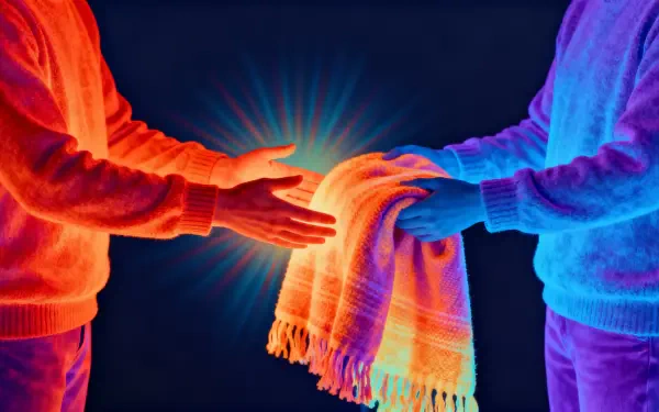4K Ultra HD PC desktop wallpaper showing two figures in neon orange and purple exchanging a glowing scarf, warm light between hands — spread kindness