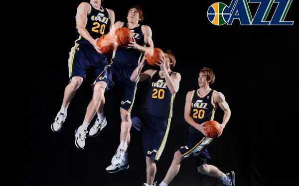 HD desktop wallpaper of an NBA Utah Jazz player in a sequence of dribble-to-jump-shot motions against a black background with the Jazz logo — basketball, sports.