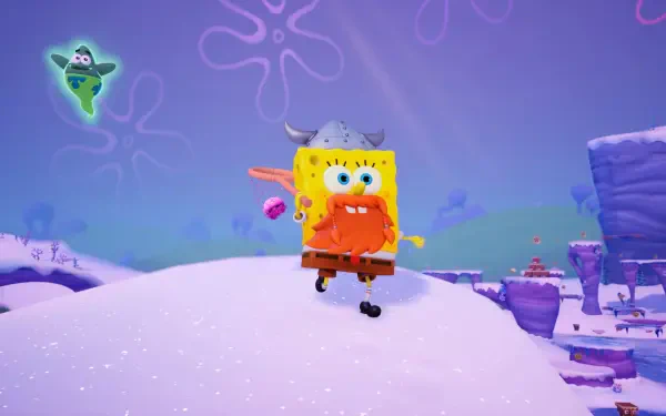 HD PC desktop wallpaper featuring SpongeBob SquarePants from the video game SpongeBob SquarePants: Titans of the Tide running across a snowy purple underwater landscape.