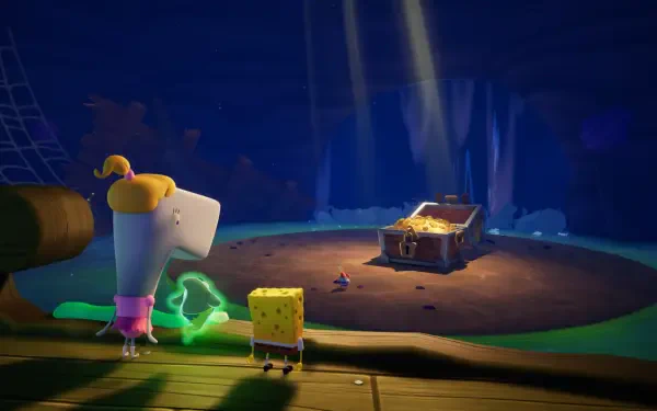 HD PC desktop wallpaper from the video game SpongeBob SquarePants: Titans of the Tide. SpongeBob and Pearl stand on a wooden platform gazing at a glowing treasure chest in a lit cavern.