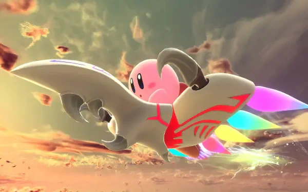 Kirby from Kirby Air Riders racing on a colorful hoverboard through a glowing sunset sky — 2K Quad HD PC desktop wallpaper background